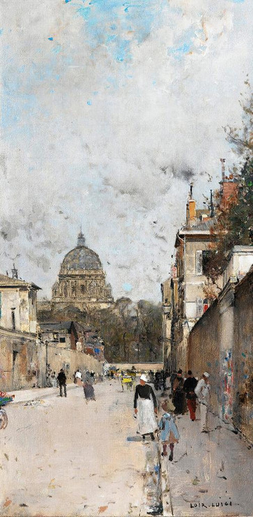 View Of The Val De Gr√¢ce Street In Paris, The Val De Gr√¢ce Church In The Background By Luigi Loir (PRT_12446) - Canvas Art Print - 12in X 24in