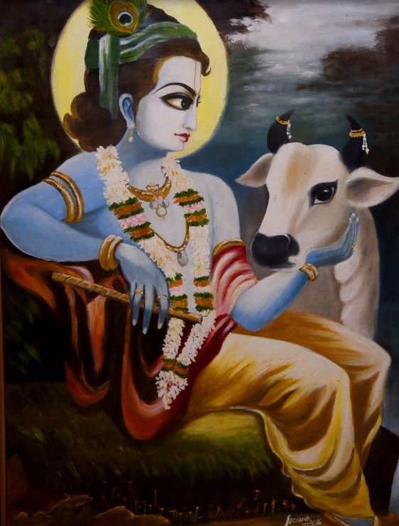 Krishna (ART_8435_64108) - Handpainted Art Painting - 18in X 24in