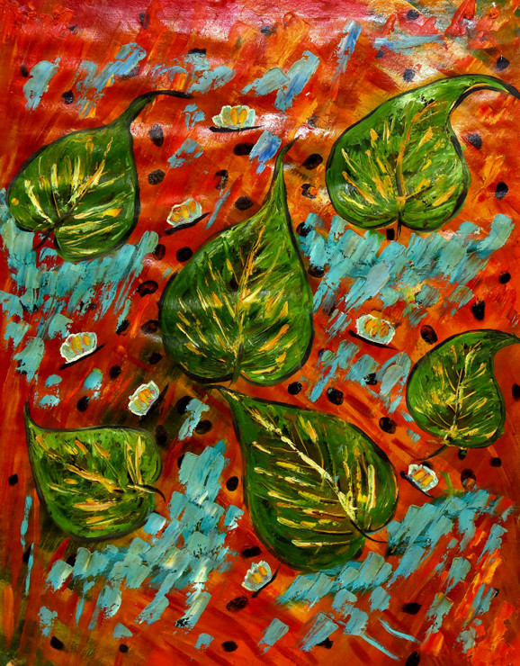 Peepal Leaves (ART_8435_64106) - Handpainted Art Painting - 21in X 26in