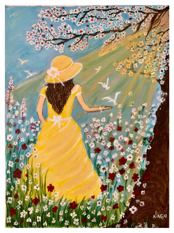 Golden sunshine n blossoms (ART_7666_60076) - Handpainted Art Painting - 12in X 16in
