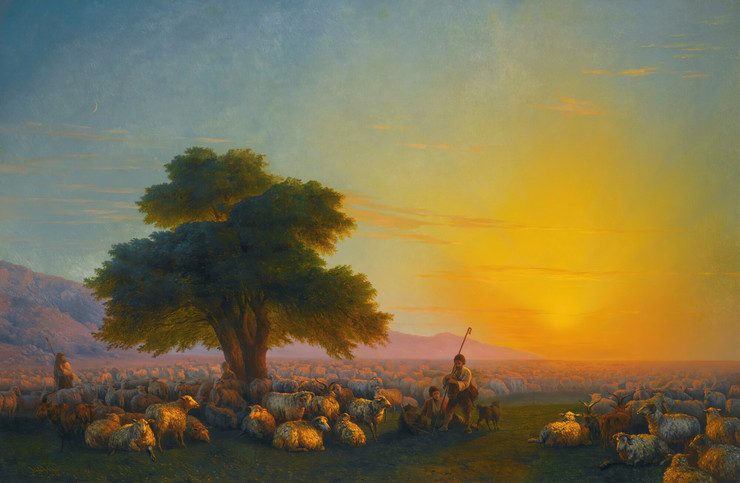 Shepherds With Their Flock At Sunset (1859) By Ivan Konstantinovich Aivazovsky (PRT_12453) - Canvas Art Print - 26in X 17in