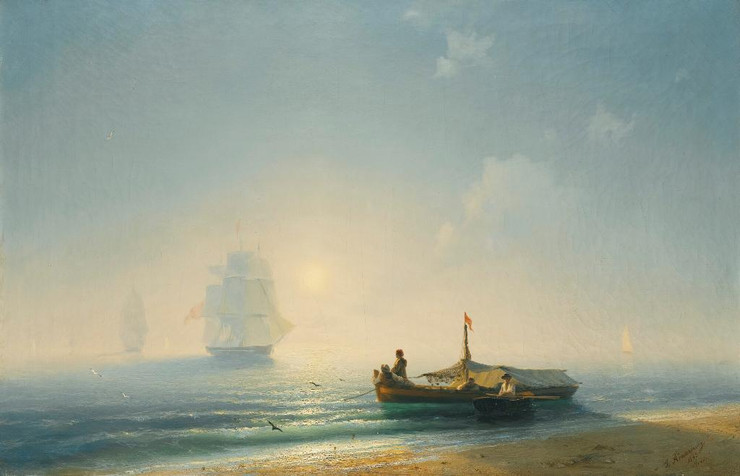Fishermen At Dawn, Naples (1843) By Ivan Konstantinovich Aivazovsky  (PRT_12455) - Canvas Art Print - 26in X 17in