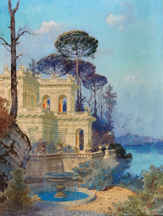 Villa, A Fountain By The Lake In The Foreground By Ferdinand Knab (PRT_12469) - Canvas Art Print - 20in X 27in