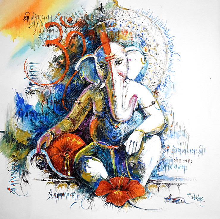 Lord Ganesh 21 (ART_1038_64481) - Handpainted Art Painting - 30in X 30in