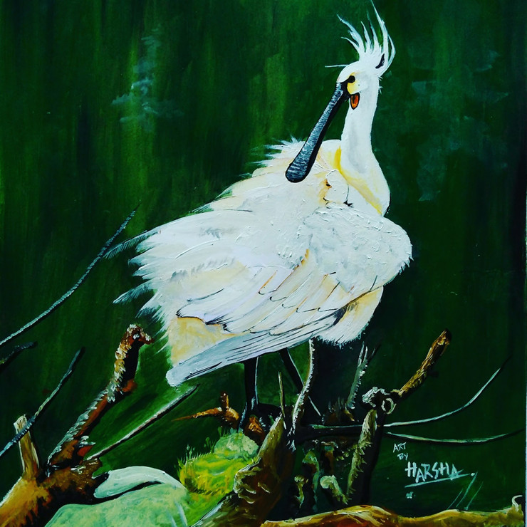 Wild stork (ART_8442_64184) - Handpainted Art Painting - 13in X 16in