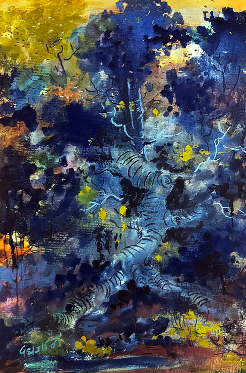 NIGHT WOOD (ART_1224_64133) - Handpainted Art Painting - 14in X 21in