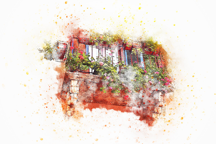 Balcony Facade Flowers (PRT_7809_64559) - Canvas Art Print - 36in X 24in
