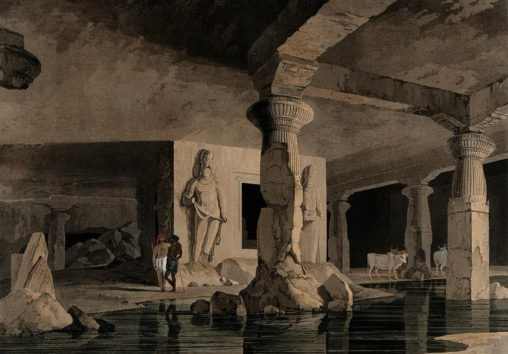 Interior Of A Cave On The Island Of Elephanta, Near Bombay, Maharashtra Coloured Aquatint By Thomas And William Daniell, 1800 (PRT_13189) - Canvas Art Print - 17in X 12in