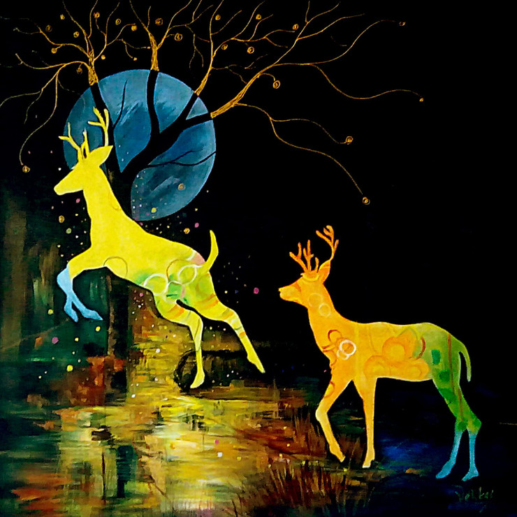 Deer Couple - Handpainted Art Painting - 32in X 32in