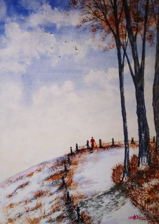 Walk in snow (ART_8466_64627) - Handpainted Art Painting - 13in X 18in