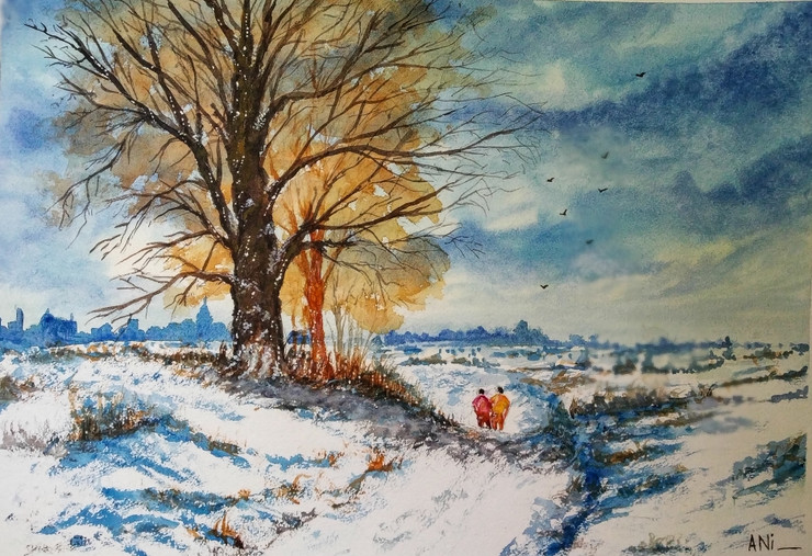 Snowscape (ART_8466_64626) - Handpainted Art Painting - 19in X 13in