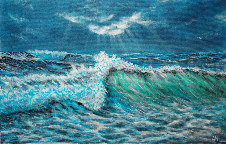 Sunrays through cloud landing on ocean waves (ART_8466_64611) - Handpainted Art Painting - 27in X 17in