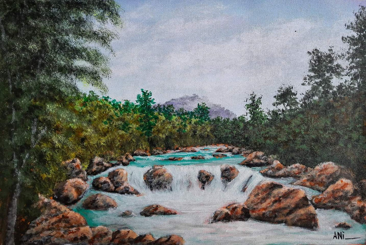The rumbling of waterfall in the middle of forrest (ART_8466_64604) - Handpainted Art Painting - 23in X 15in