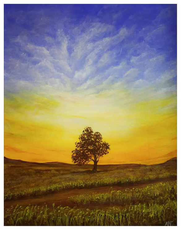 Lonely tree in meadow (ART_8466_64602) - Handpainted Art Painting - 18in X 22in