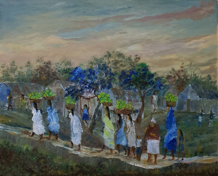 Colors of Village Life (ART_4270_65196) - Handpainted Art Painting - 31in X 25in