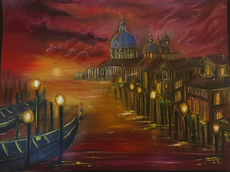 Venice canal city oil painting (ART_7412_65047) - Handpainted Art Painting - 16in X 12in