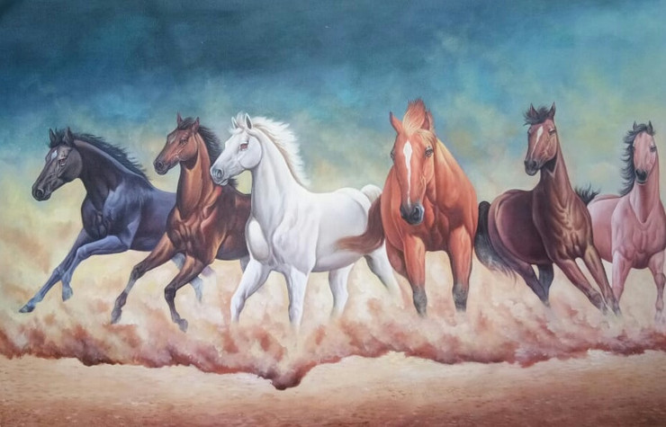 7 HORSES RUNNING AS PER VASTU BY ARTOHOLIC (ART_3319_65027) - Handpainted Art Painting - 60in X 30in