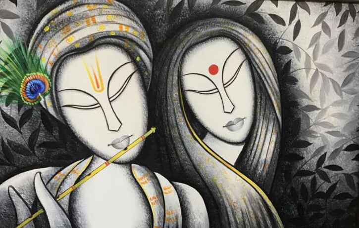 THE DIVINE RADHA KRISHNA (ART_3319_64890) - Handpainted Art Painting - 36in X 24in