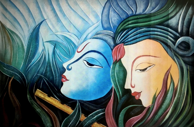 Modern Radha Krishna painting on canvas (ART_8471_64826) - Handpainted Art Painting - 34in X 22in