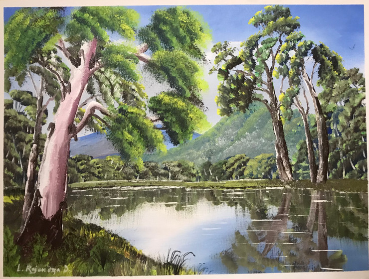 Australian gum tree on river bank  (ART_7855_64825) - Handpainted Art Painting - 23in X 17in