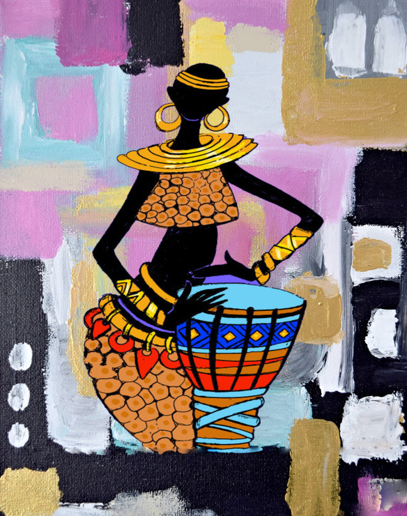 Woman playing djembe (ART_7809_64823) - Handpainted Art Painting - 26in X 32in