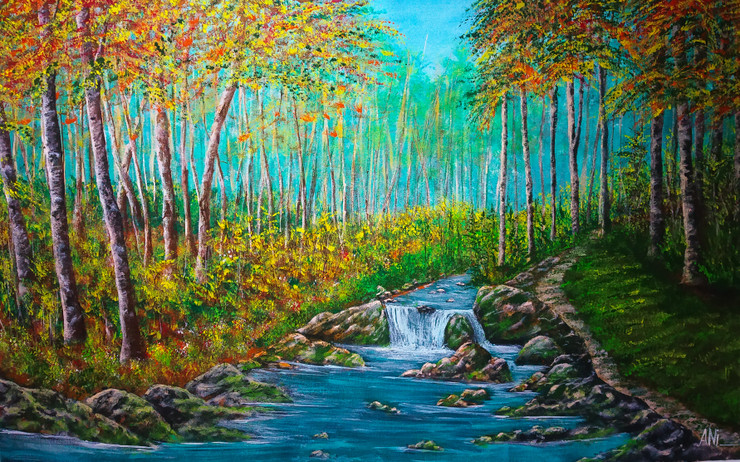 Stream running through the forrest (ART_8466_64659) - Handpainted Art Painting - 40in X 26in