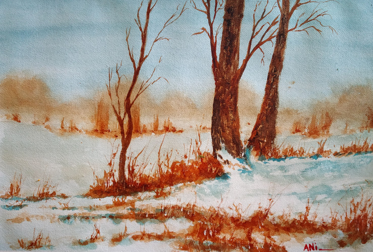 Winter landscape (ART_8466_64646) - Handpainted Art Painting - 15in X 10in