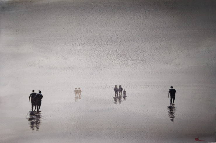 Evening walk on beach (ART_8466_64632) - Handpainted Art Painting - 18in X 12in