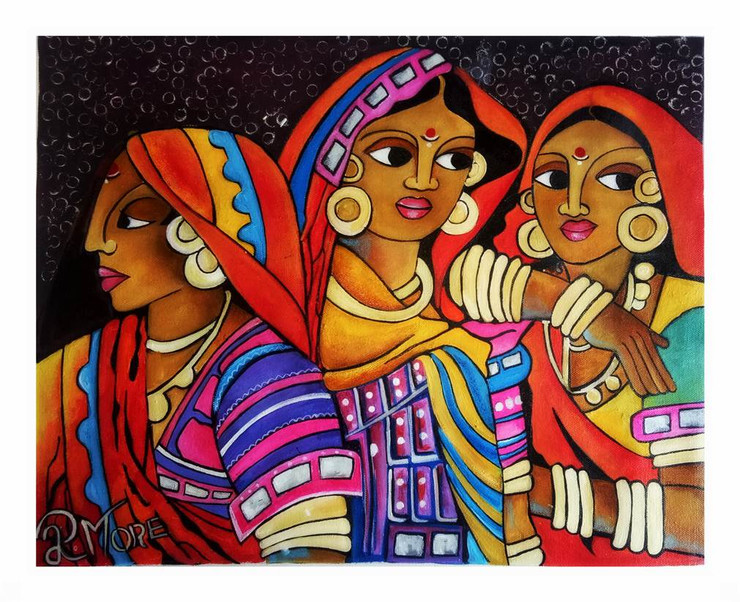 BANJARE GOSSIP (ART_1033_34310) - Handpainted Art Painting - 18in X 14in