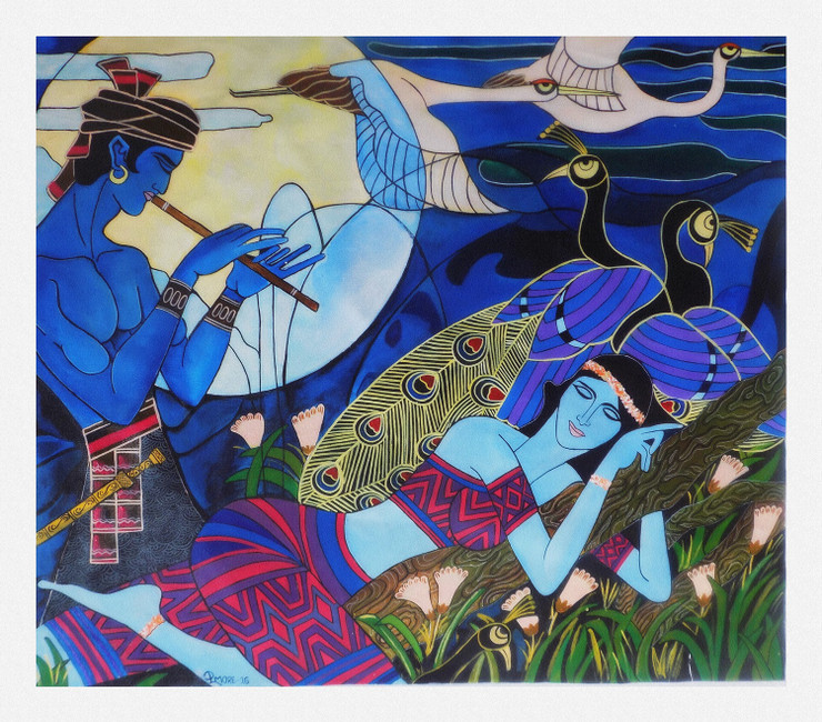 LOVERS IN GARDEN POST  (ART_1033_6859) - Handpainted Art Painting - 28in X 24in