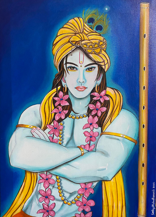 Krishna and flute (ART_8370_65243) - Handpainted Art Painting - 15in X 24in
