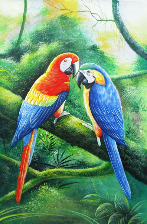 Love Birds - 24in X 36in,RAJVEN03_2436,Acrylic Colors,Bird Pair,Couple,Colorful Parrots  - Buy Paintings online in India