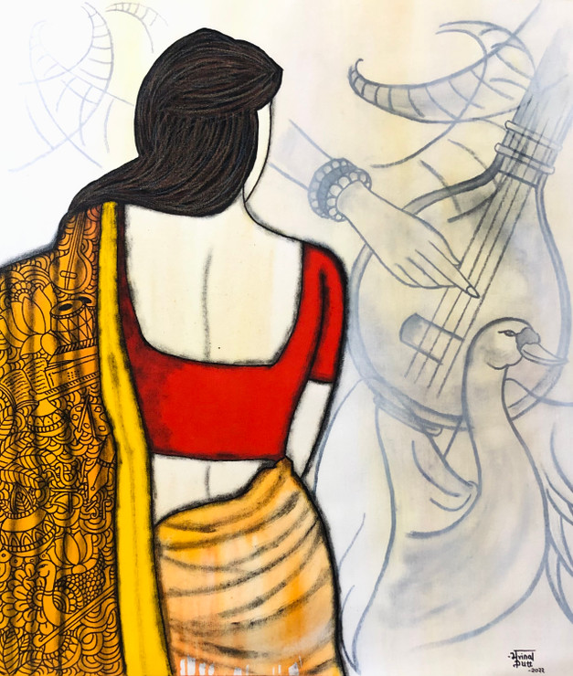 Saraswati (ART_7129_65318) - Handpainted Art Painting - 28in X 32in