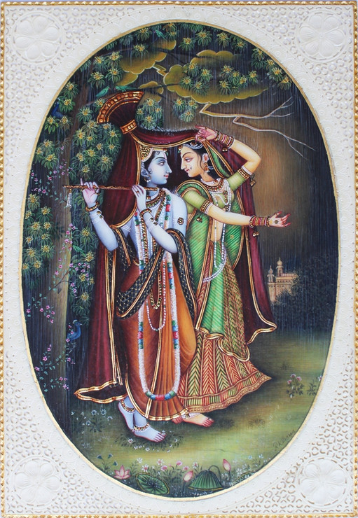 Radha Krishna Rain Scene (ART_8512_65503) - Handpainted Art Painting - 7in X 10in