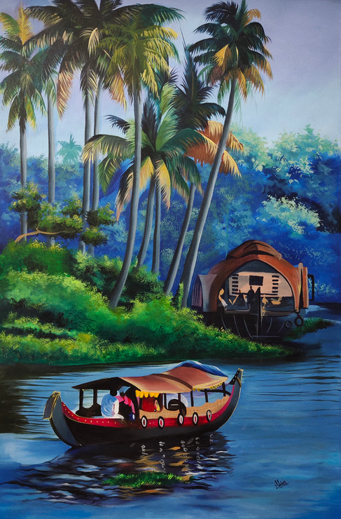 Kerala boating (ART_329_65489) - Handpainted Art Painting - 24in X 36in