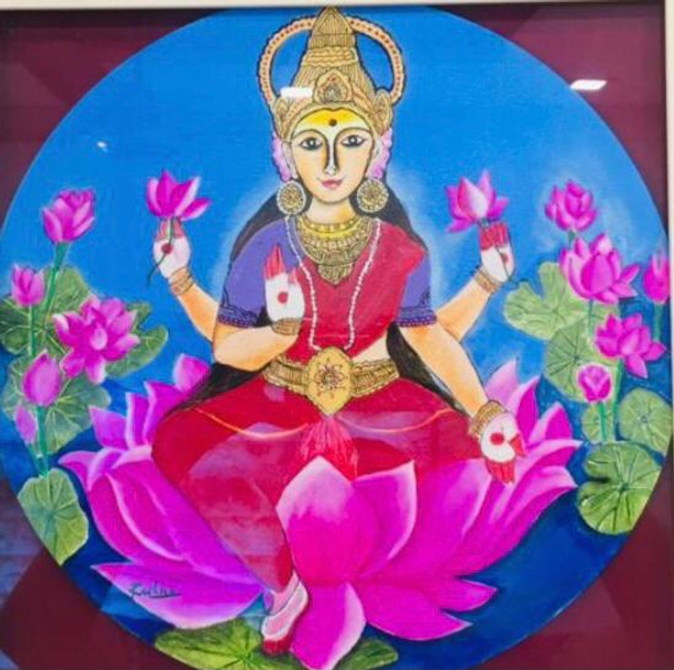 Goddess Lakshmi (ART_8410_65588) - Handpainted Art Painting - 12in X 12in