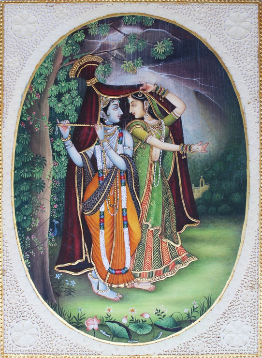 Radha Krishna Rain Scene (ART_8512_65498) - Handpainted Art Painting - 9in X 12in