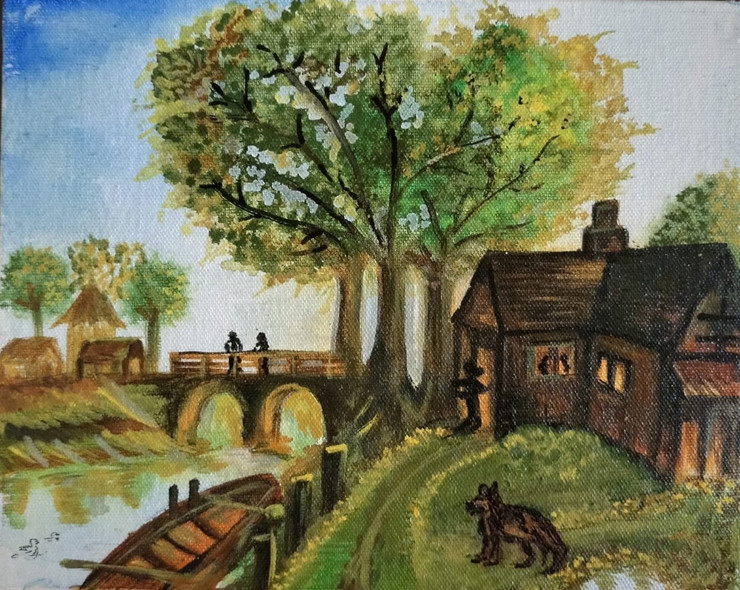 Waterfront Farmhouse (ART_8494_65269) - Handpainted Art Painting - 10in X 8in