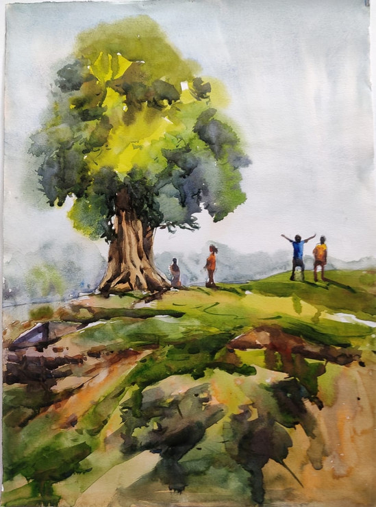 Tree scape  (ART_8303_65873) - Handpainted Art Painting - 11in X 15in