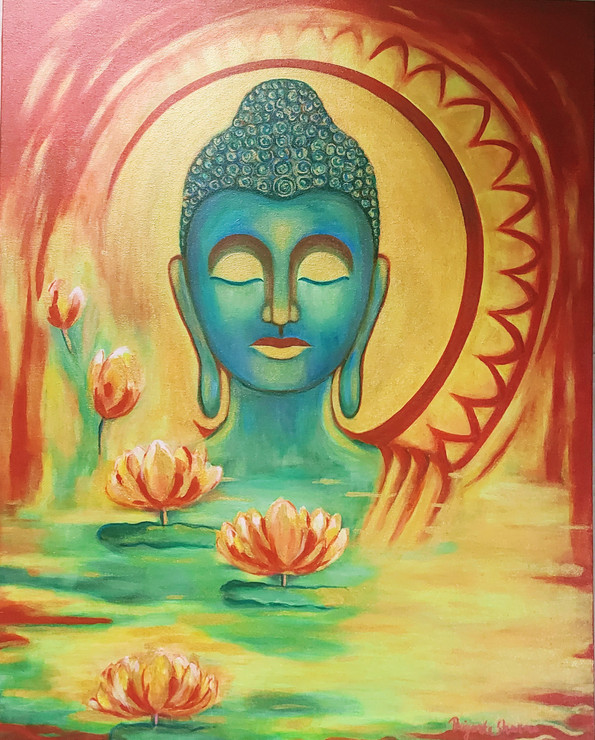 Budhha and lotus flower (ART_8526_65806) - Handpainted Art Painting - 24in X 30in