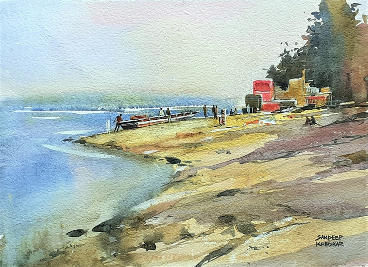 Beach Morning (ART_8495_66001) - Handpainted Art Painting - 14in X 10in