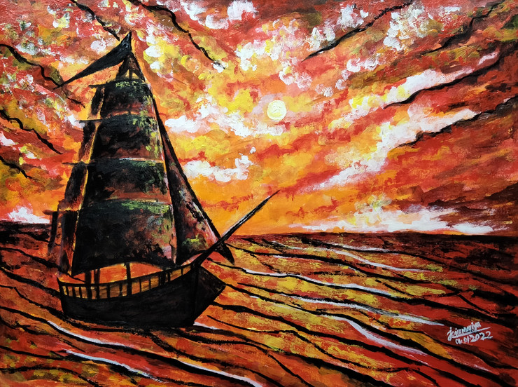 The Ship in the ORANGE Sea- The Burning Sun (ART_8401_66098) - Handpainted Art Painting - 11in X 8in