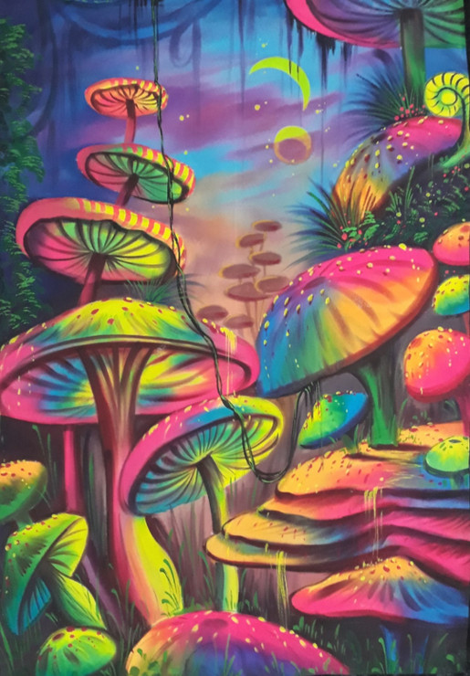 Magic Mushrooms UV Painting (ART_7555_66432) - Handpainted Art Painting - 40in X 60in