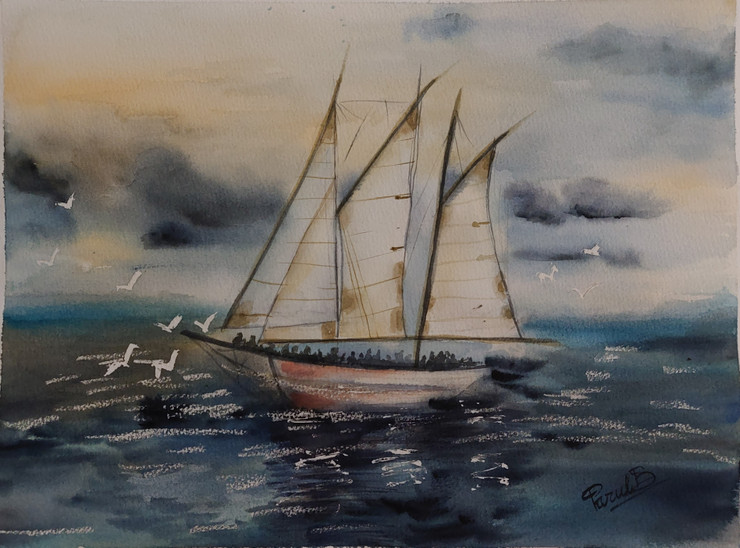 Cloudy Day- Ride on Sailboat (ART_8378_66427) - Handpainted Art Painting - 16in X 12in