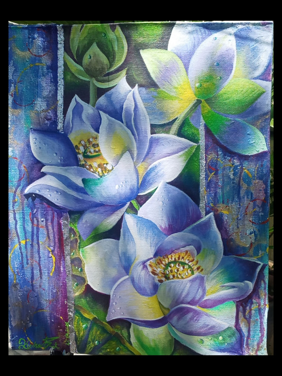 Blue lotus  (ART_8147_66478) - Handpainted Art Painting - 17in X 24in