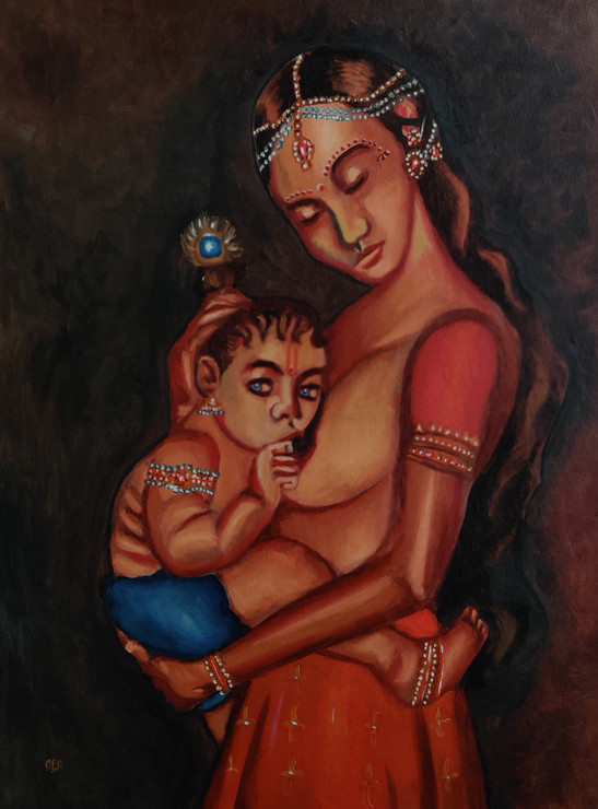 Yashoda breastfeeding Krishna (ART_8576_66610) - Handpainted Art Painting - 28in X 35in