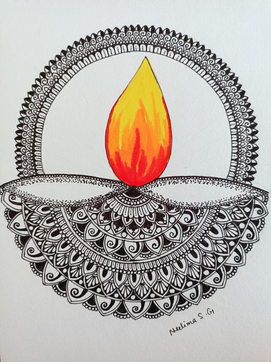 Light of hope shines bright Mandala art with a Diya (ART_8016_66706) - Handpainted Art Painting - 5in X 8in