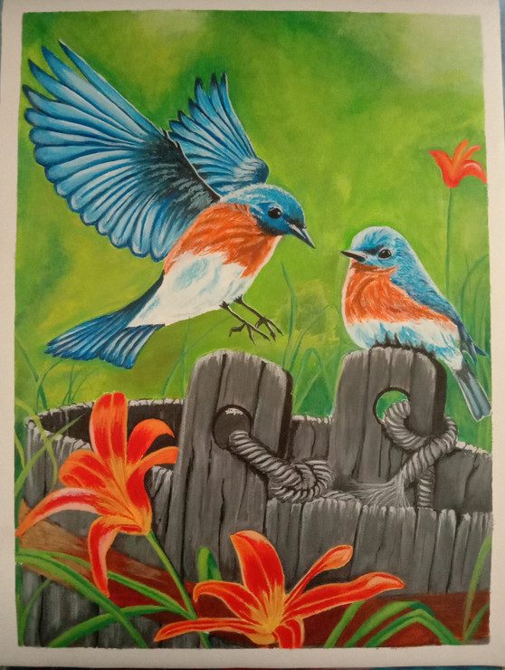 Love birds  (ART_8397_66101) - Handpainted Art Painting - 12in X 16in