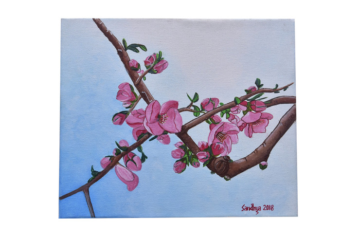 Cherry Blossoms (ART_8370_67054) - Handpainted Art Painting - 12in X 10in