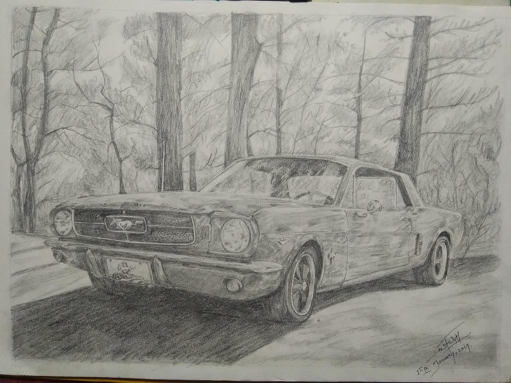 Ford Mustang - Graphite sketch (ART_8307_64501) - Handpainted Art Painting - 17in X 12in